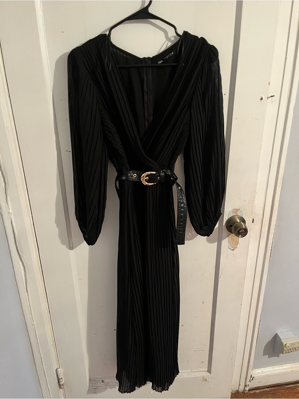 Zara- Black Pleated Wrap Midi Dress with Belt